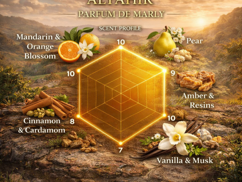 Althair scent profile radar chart vanilla gourmand sweet spicy amber woody fragrance