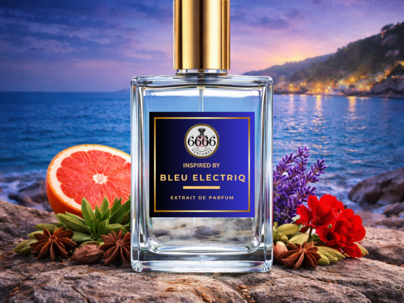 Bleu Electrique inspired perfume bottle beach background grapefruit lavender fresh summer fragrance for men india
