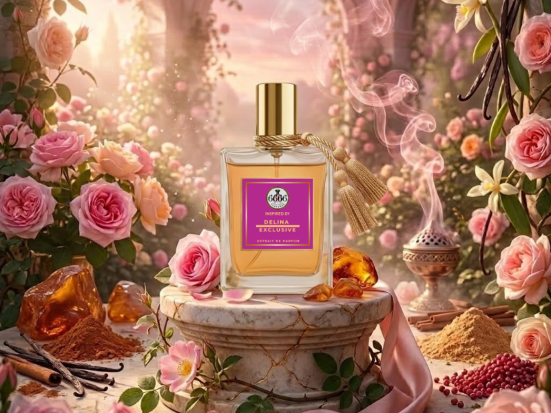 luxury delina exclusif inspired perfume aesthetic with roses vanilla incense amber premium niche fragrance india