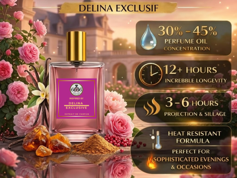 Delina Exclusif inspired perfume performance 30 to 45 percent oil concentration 12 hours longevity strong projection India heat resistant