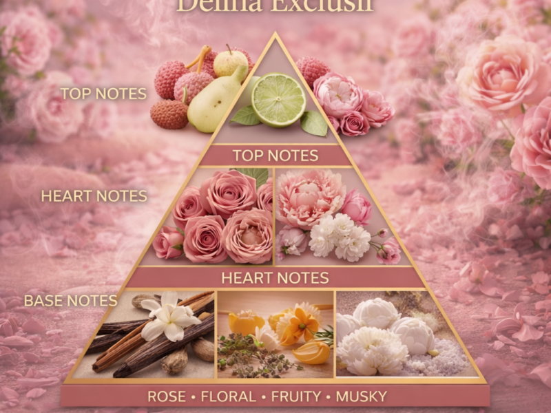 delina exclusif scent pyramid top heart base notes lychee pear bergamot rose vanilla amber musk breakdown