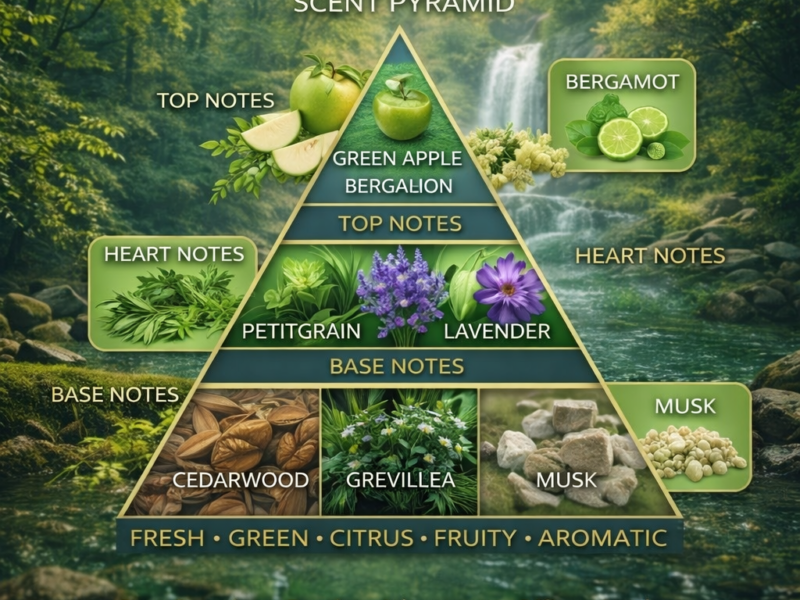 scent pyramid showing green apple bergamot citrus oakmoss musk greenley inspired fragrance