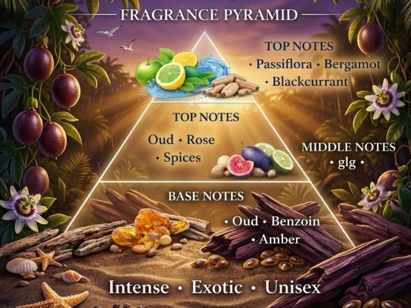 Oud Maracuja fragrance notes scent pyramid showing passionfruit saffron rose and oud perfume structure