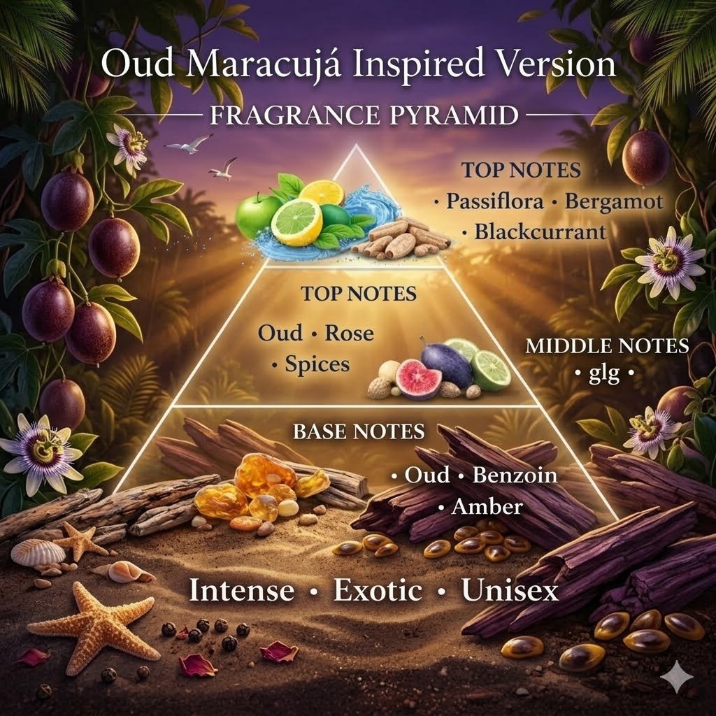 Oud Maracuja fragrance notes scent pyramid showing passionfruit saffron rose and oud perfume structure