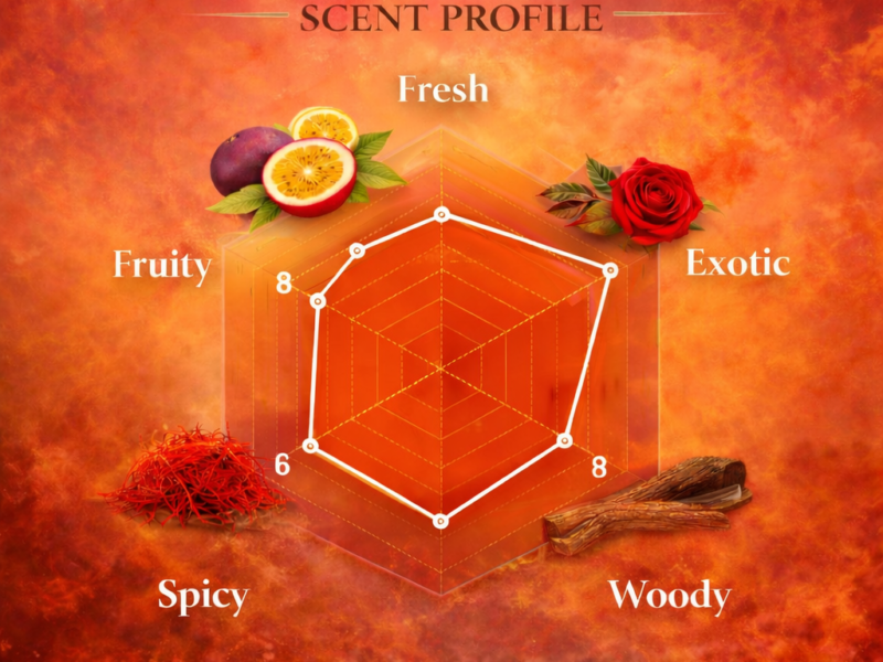 Oud Maracuja scent profile radar chart showing fruity oud passionfruit saffron rose and woody notes