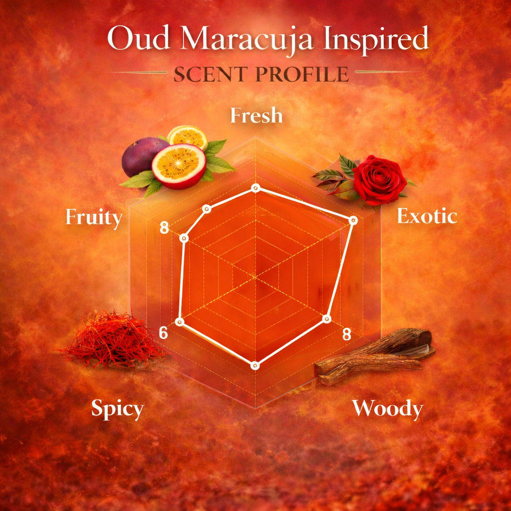 Oud Maracuja scent profile radar chart showing fruity oud passionfruit saffron rose and woody notes
