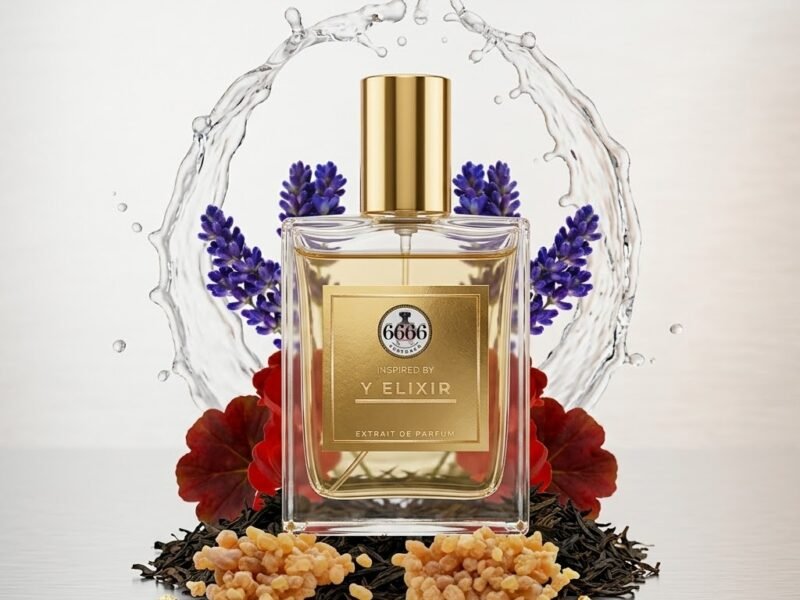 Y Elixir inspired perfume bottle with lavender, resin and water splash clean background 6666 perfumes India