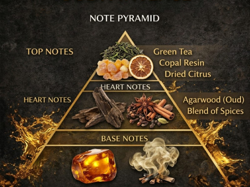Gucci Intense Oud note pyramid green tea citrus agarwood oud amber smoky incense perfume notes breakdown