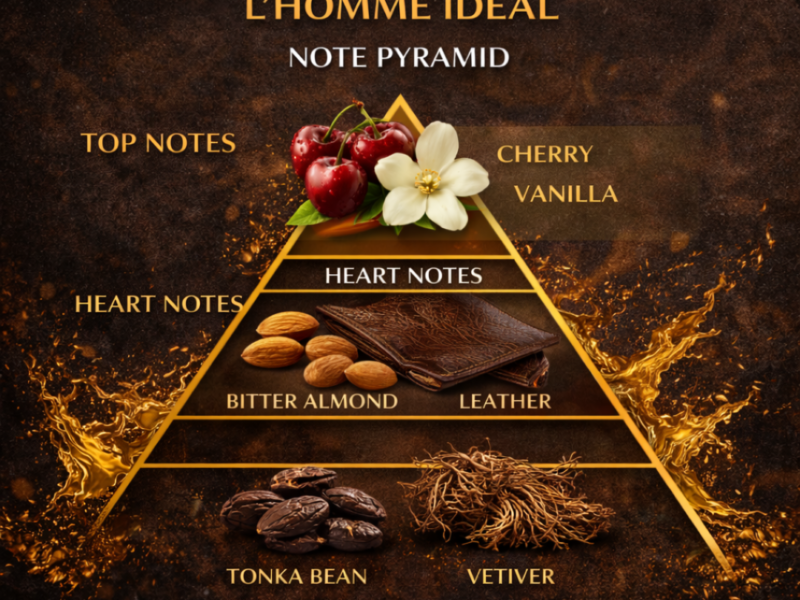Guerlain L’Homme Ideal note pyramid cherry vanilla bitter almond leather tonka vetiver fragrance notes