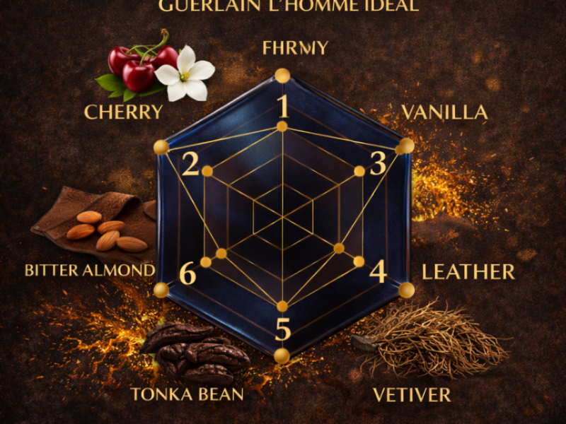 Guerlain L’Homme Ideal scent radar cherry almond vanilla woody sweet masculine fragrance profile