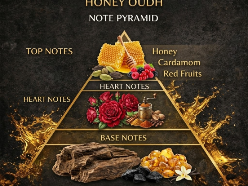 honey oudh note pyramid honey cardamom red fruits oud amber vanilla base notes