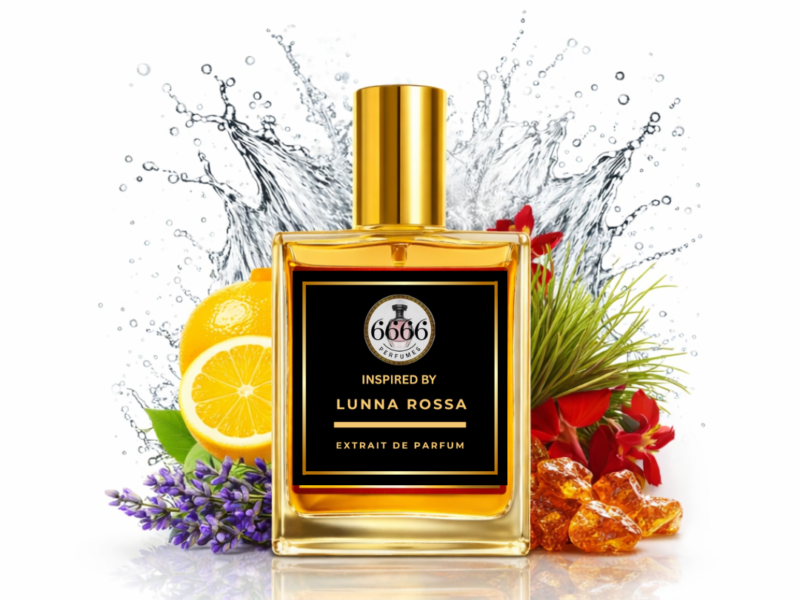 Prada Luna Rossa inspired perfume bottle with citrus, lavender and water splash background fresh fragrance for men
