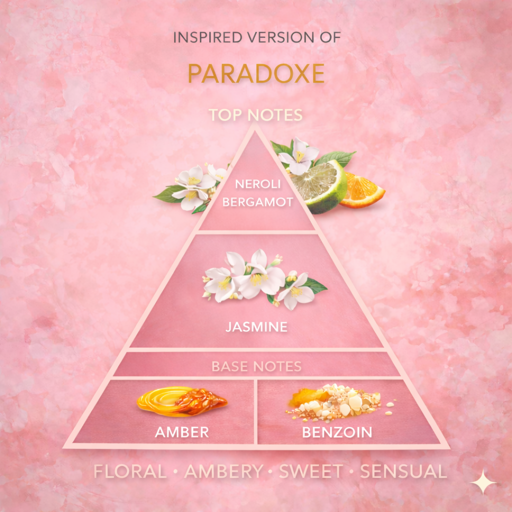 scent pyramid showing neroli jasmine orange blossom vanilla amber musk prada paradoxe inspired