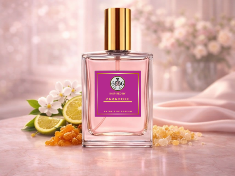 luxury feminine perfume with pink golden glow floral romantic aesthetic inspired by prada paradoxe