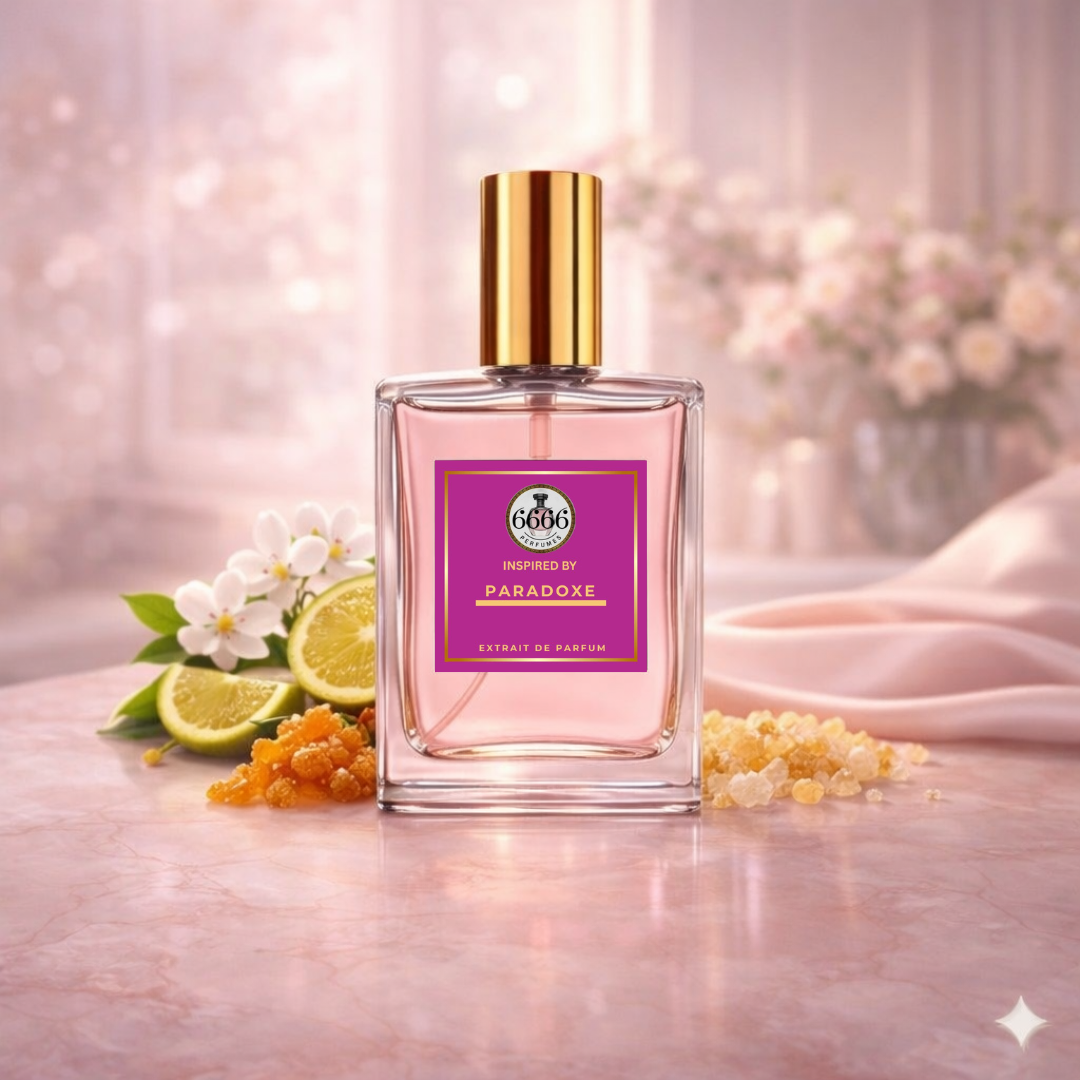 luxury feminine perfume with pink golden glow floral romantic aesthetic inspired by prada paradoxe