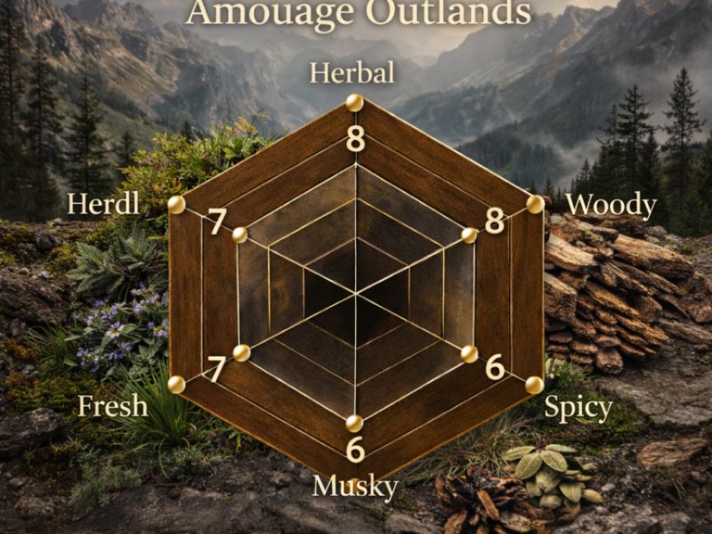 Amouage Outlands scent radar woody spicy herbal fresh musky fragrance profile chart